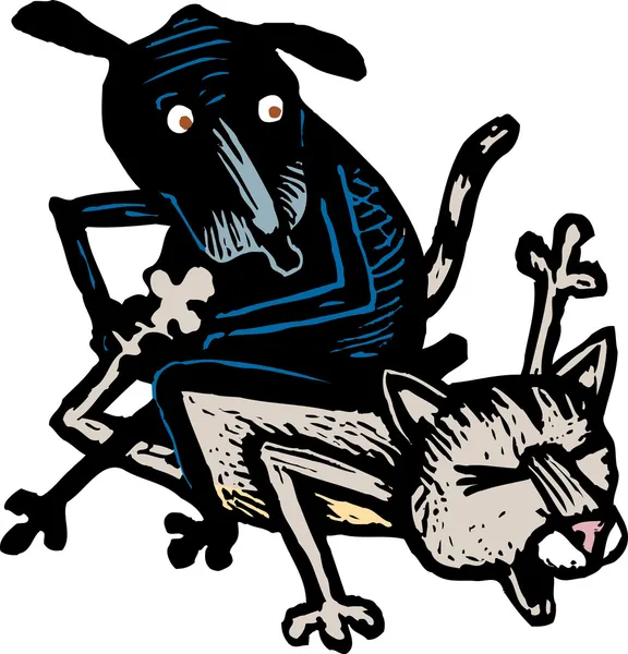 Woodcut Illustrazione di Cat and Dog Wrestling — Vettoriale Stock