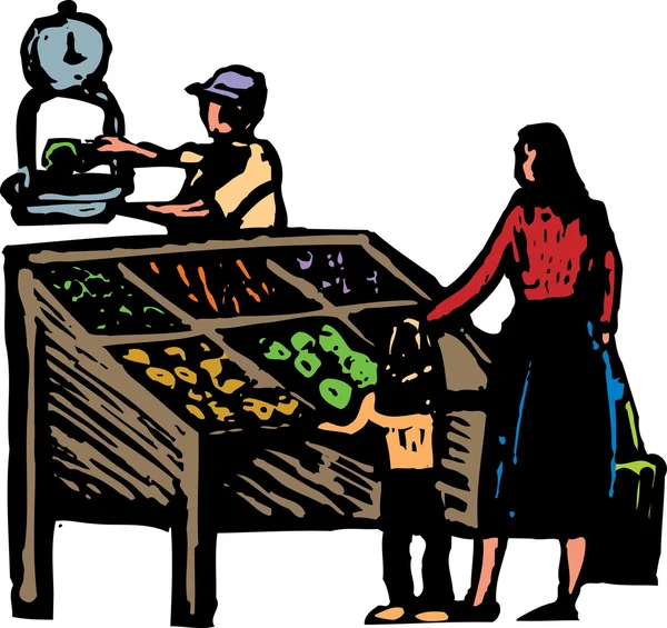 Ilustración de Woodcut de Produce Stand — Vector de stock