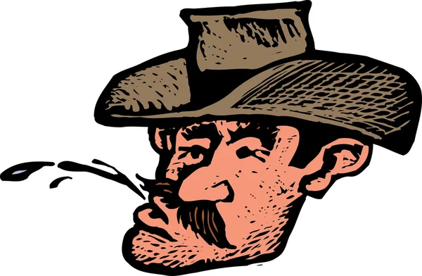 Woodcut Ilustración de Cowboy escupiendo jugo de tabaco de mascar — Vector de stock