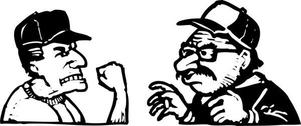 Woodcut ilustração de dois homens argumentando em jogo de bola — Vetor de Stock