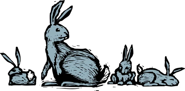 Illustrazione di Woodcut della famiglia Rabbit — Vettoriale Stock