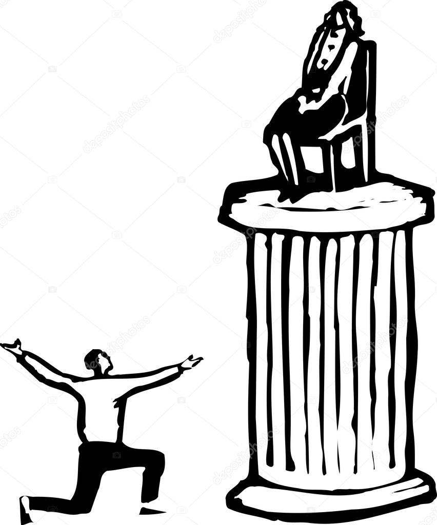 Woodcut Illustration of Man Worshipping Woman on Pedestal