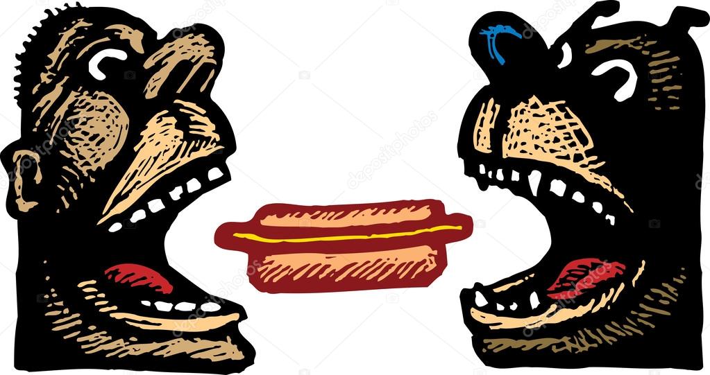 Woodcut Illustration of Man and Dog Eating Hot Dog