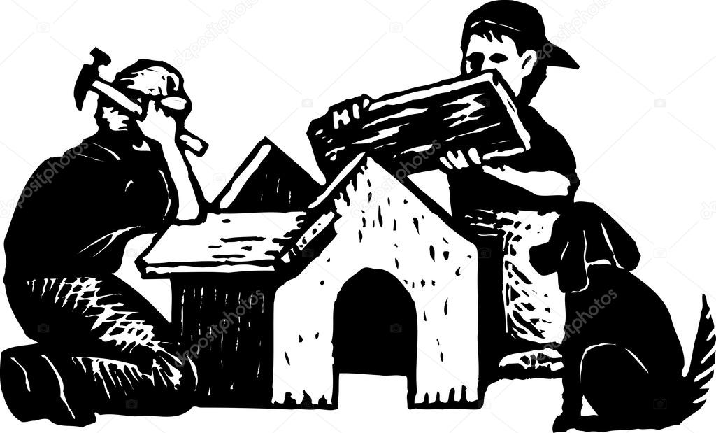 Woodcut Illustration of Two Boys and a Dog Building a Dog House