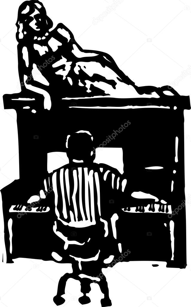 Woodcut Illustration of Honkey Tonk Piano Player with Dancehall Girl