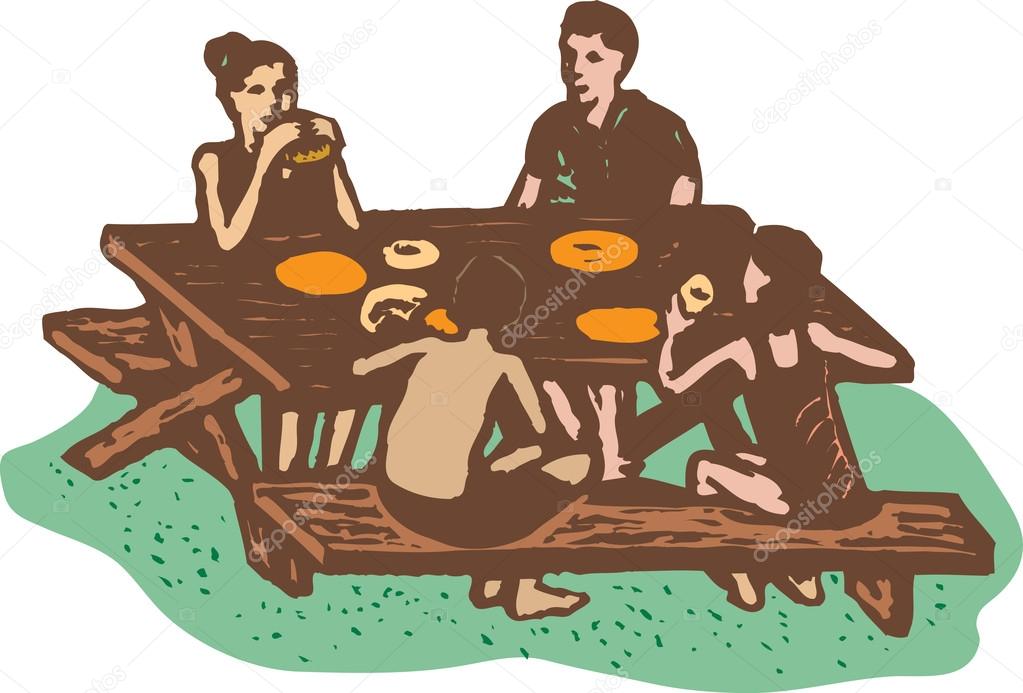 Woodcut Illustration of Family Picnic