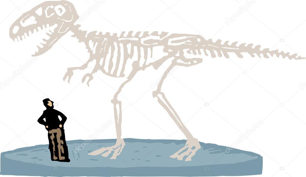 Woodcut Illustration of Paleontologist or Man Looking at Dinosaur Fossil Skeleton
