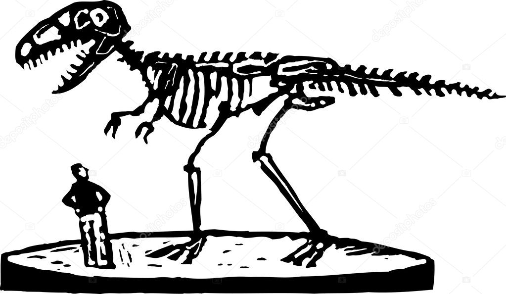 Woodcut Illustration of Paleontologist or Man Looking at Dinosaur Fossil Skeleton