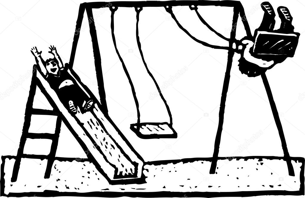 Woodcut Illustration of Kids Playing on Swing and Slide at Park