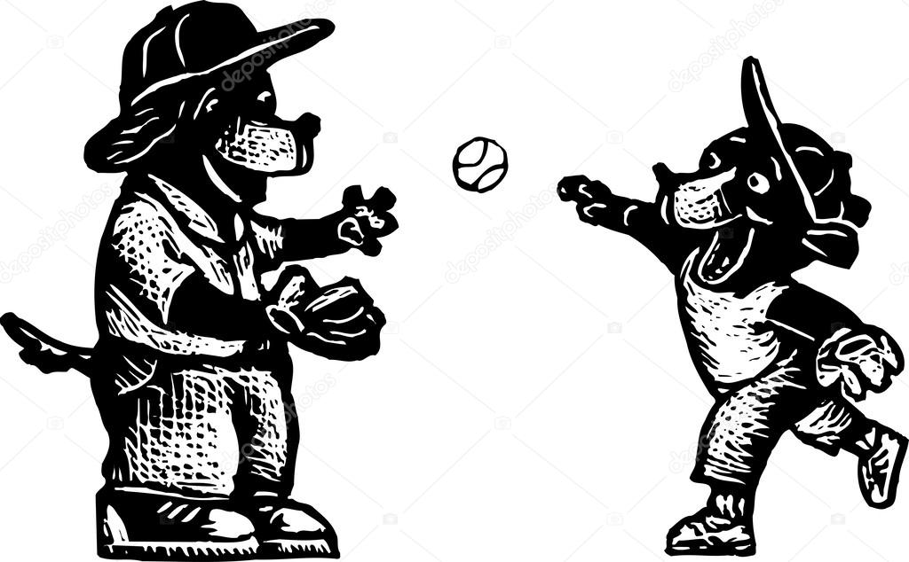 Woodcut Illustration of Father Dog Playing Catch with Son