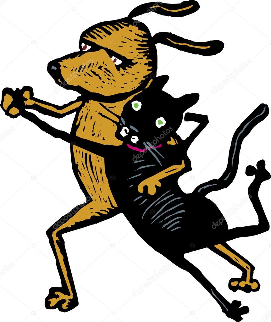 Woodcut Illustration of Cat and Dog Dancing