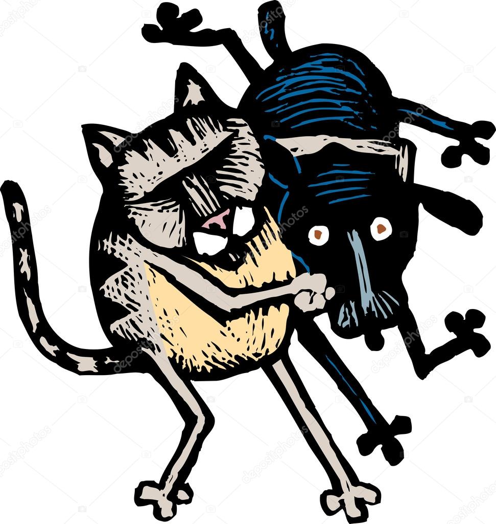 Woodcut Illustration of Cat and Dog Wrestling