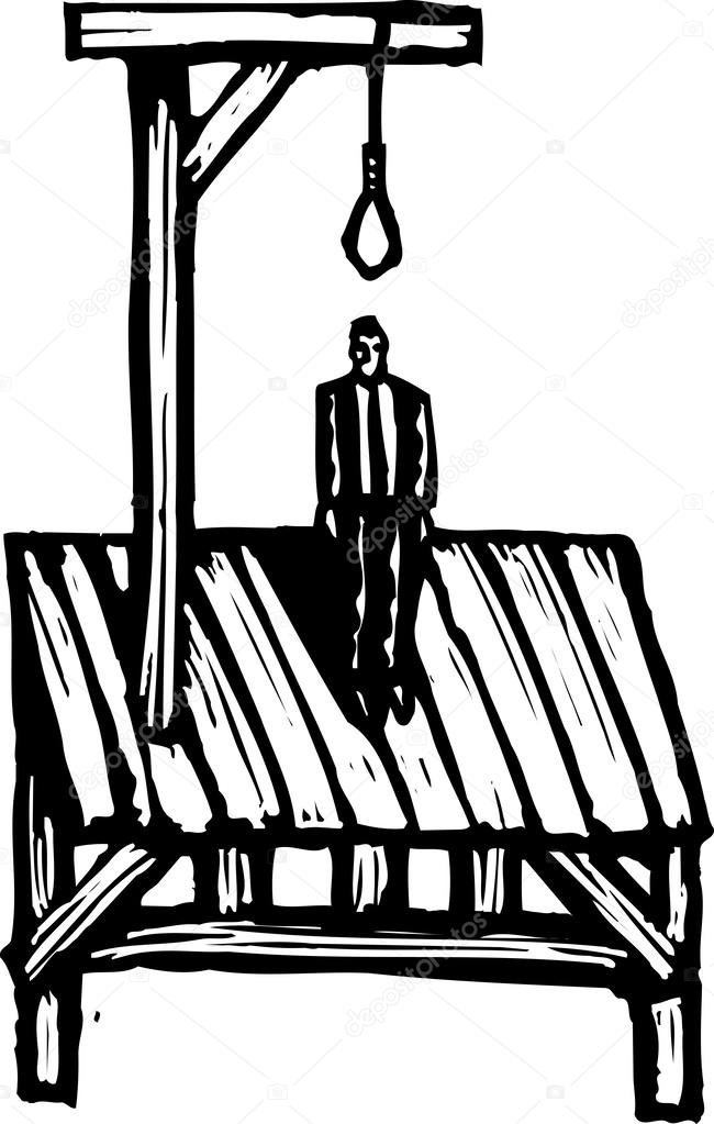 Woodcut Illustration of Business Man with Noose on Gallows