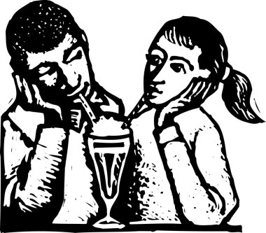 vektör çizim 1950'lerde erkek ve kız soda payet ile paylaşma