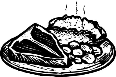 biftek akşam yemeği fırında patates ve fasulye gravür çizimi