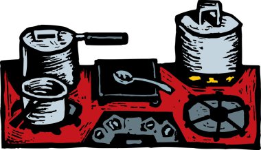 tencere ve tava ile stovetop gravür çizimi