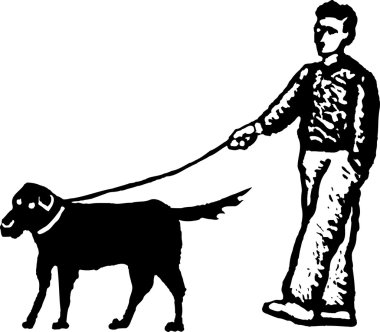 Adam yürüyen köpek gravür çizimi