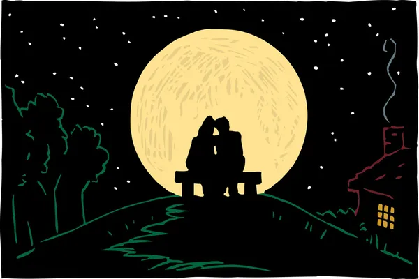 Couple caressant pendant la pleine lune — Image vectorielle