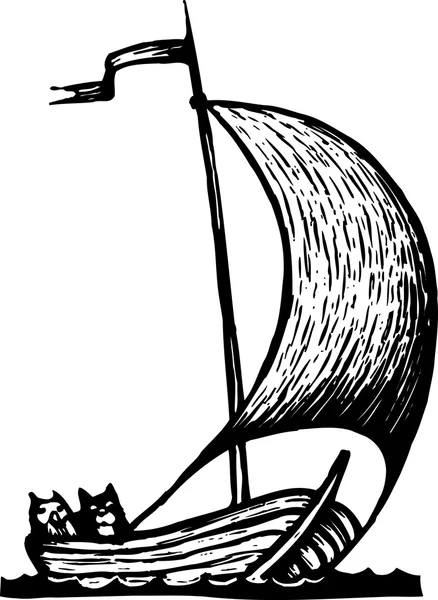 フクロウと子猫ちゃんヨットで — ストックベクタ