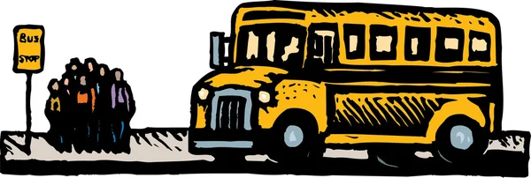 Skolbussen och barn vid busshållplats — Stock vektor