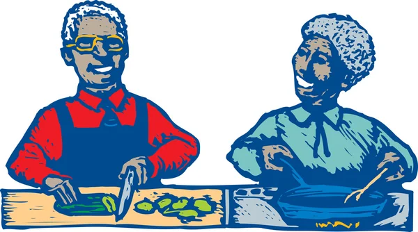 Africano casal americano cozinhar na cozinha —  Vetores de Stock