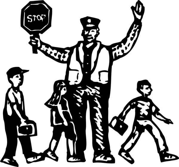 Senior Man Crossing Guard with Children — Stock Vector