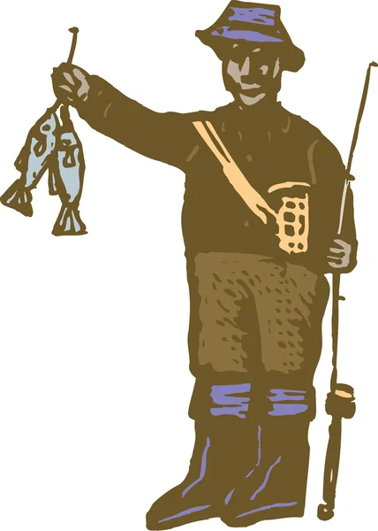 Woodcut Illustration of Fisherman — Stock Vector