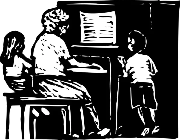 Donna che suona il pianoforte con i bambini — Vettoriale Stock