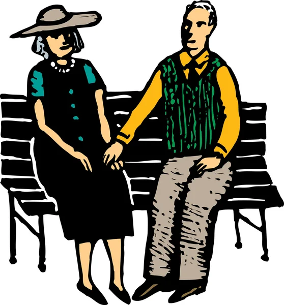 Starszy para trzymając się za ręce na ławce w parku — Wektor stockowy