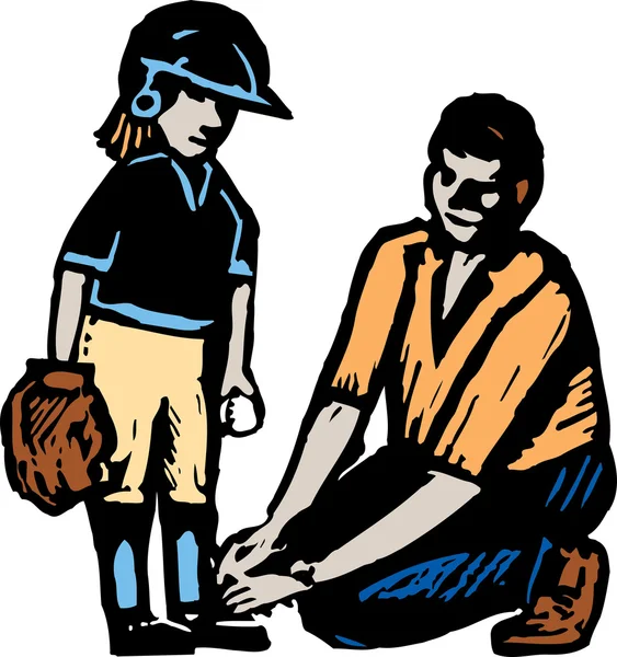 Far eller trener Tying Child 's Shoe på Baseball Game – stockvektor