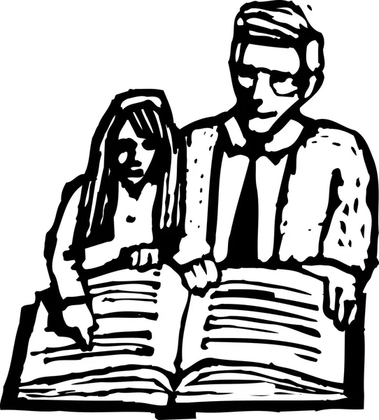 Woodcut Ilustración del abuelo mirando el libro con la muchacha joven — Vector de stock