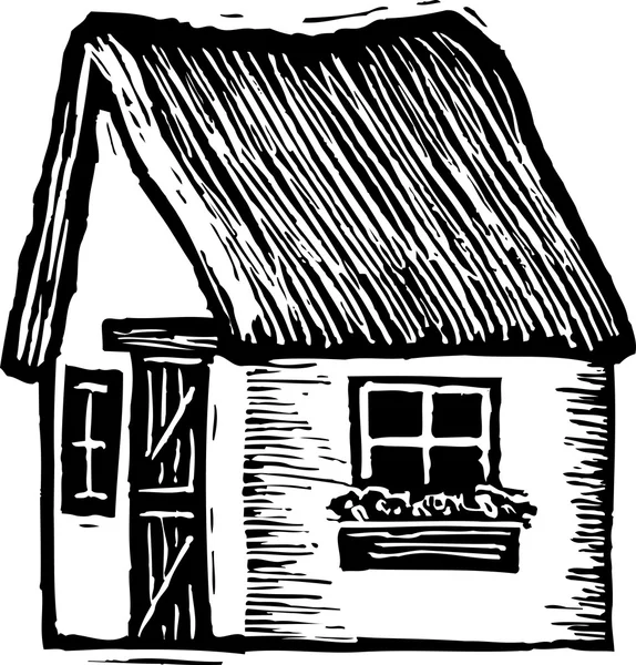 Woodcut Ilustración de Inglés Thatch Roof Cottage — Vector de stock