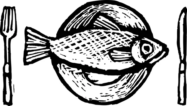 Woodcut Ilustración de la cena de pescado — Archivo Imágenes Vectoriales