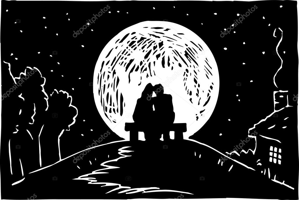 Couple Caressing During Full Moon