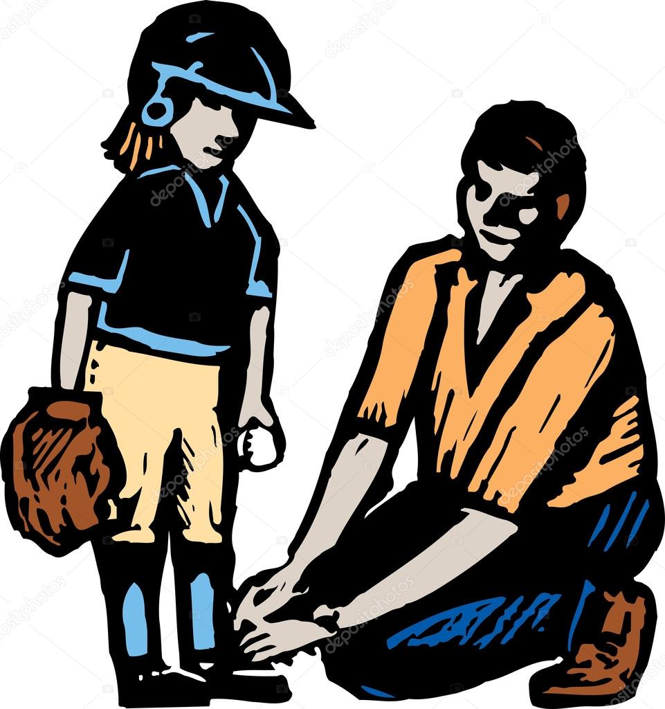 Father or Coach Tying Child's Shoe at Baseball Game