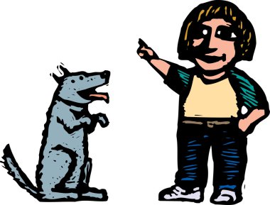 küçük kız bir numara köpek öğretim gravür çizimi
