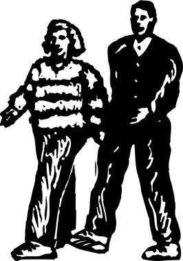 Woodcut Illustration of Couple Walking