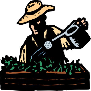 erkek ya da kadın bir Saksı bitkileri sulama gravür çizimi