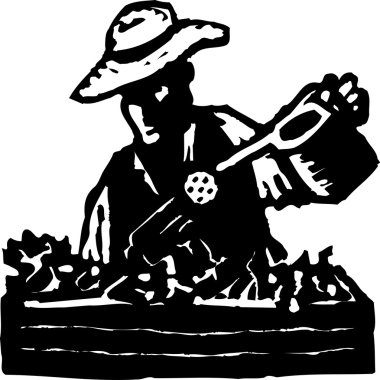 Woodcut Illustration of Man or Woman Watering Plants in a Planter clipart