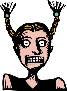 Woodcut Illustration of Scared Girl with Pig Tails Sticking Straight Up clipart