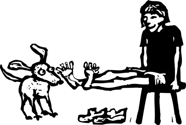 给狗看脚趾的女孩矢量插画 — 图库矢量图片