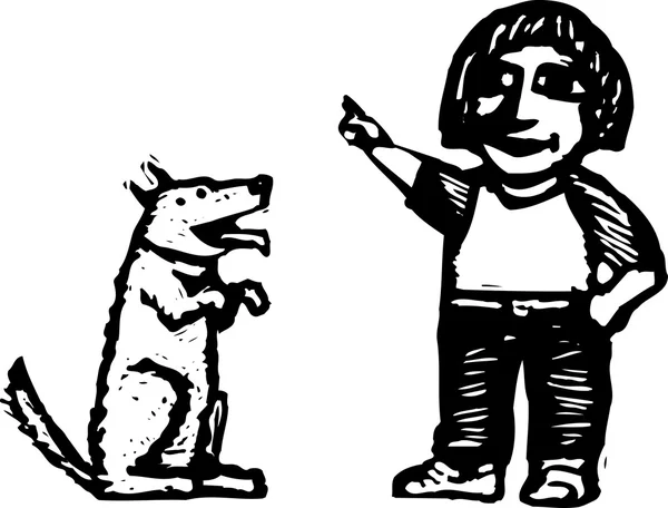 教学魔术的狗的小女孩的木刻插图 — 图库矢量图片