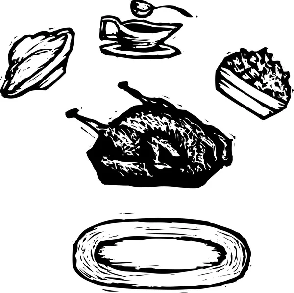 Woodcut Illustration of Turkey Dinner — Stock Vector