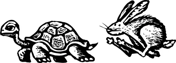 Kaplumbağa ve tavşan gravür çizimi — Stok Vektör