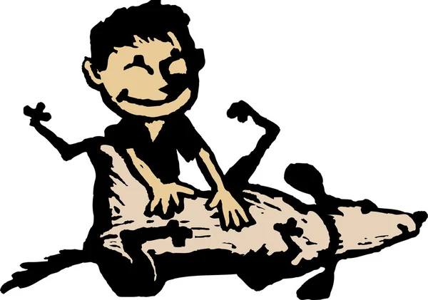 给狗腹部按摩的男孩的木刻插图 — 图库矢量图片