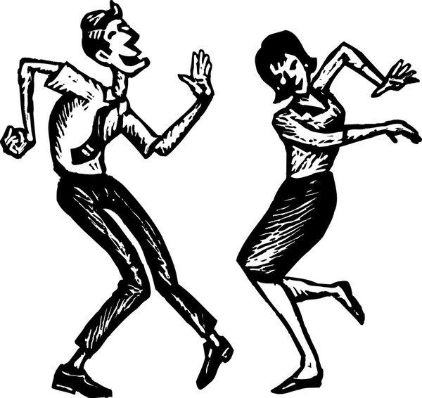 Woodcut Illustration of Man and Woman Dancing