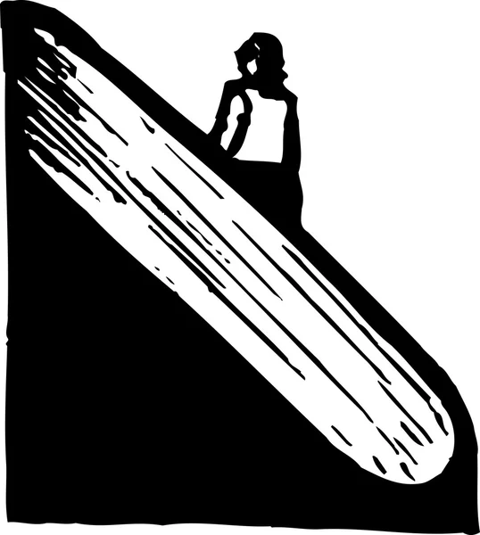 Woodcut Ilustración de la mujer subiendo escaleras mecánicas — Vector de stock