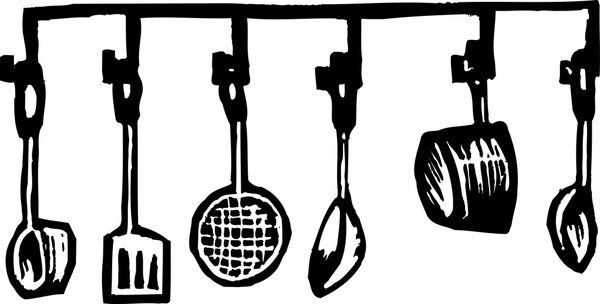 Woodcut Illustration of Cooking Utensils