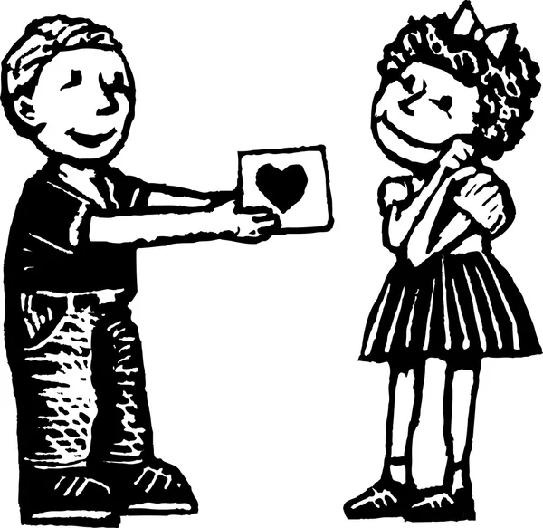 소년 소녀 발렌타인 카드를 주는의 목 판화 그림 — 스톡 벡터