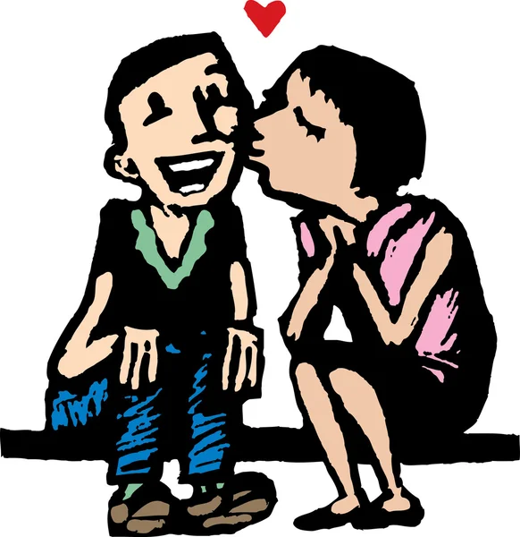 Träsnitt illustration av tjej kyssa pojken på kinden — Stockový vektor